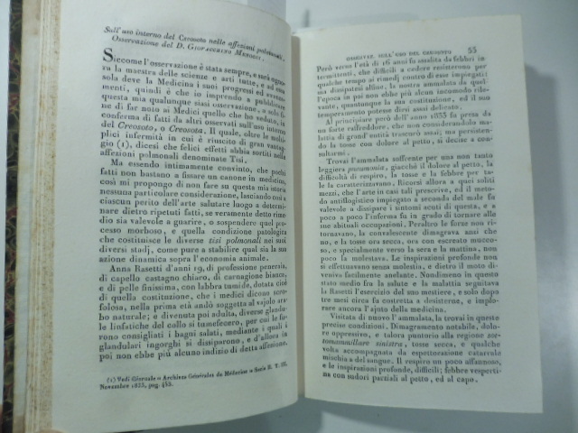 Sull'uso interno del creosoto nelle affezioni polmonali. Oss. di Giovacchino Menocci. (Stralcio da: Nuovo giornale de' letterati. N. 75. 1834)